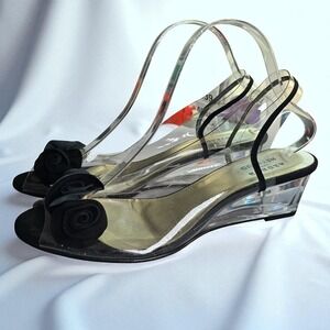 Azuree Pour Heyraud‎ Clear Vinyl Wedge Sandals with Black Rose Applique Woman 8